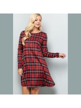 Sunday Morning Plaid Tunic Swing Dress Long Sleeve